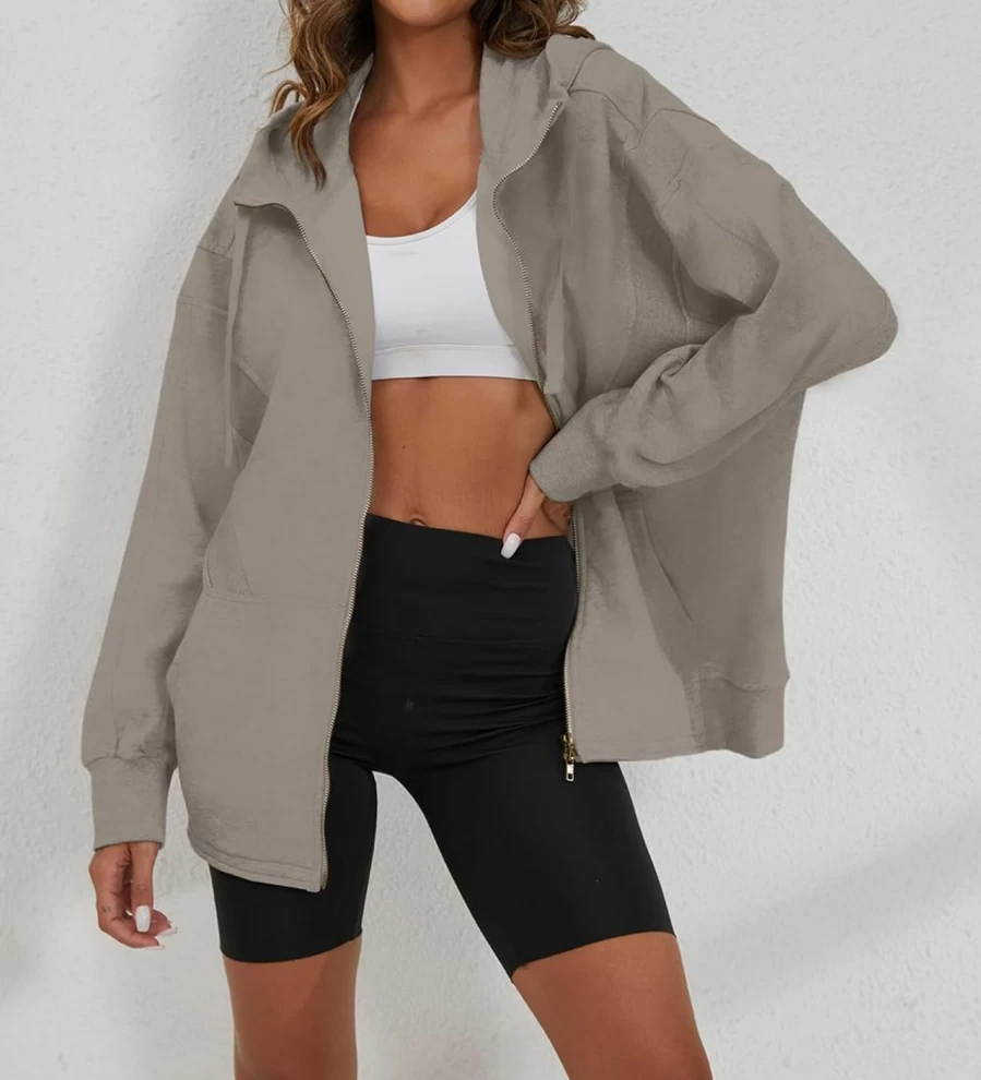 MISSACTIVER Missactiver Women Oversized Zipper Hooded Sweatshirt Drop Shoulder Long Sleeve Solid Basic Workout Drawstring Jacket Top | Fashion Hoodies & Sweatshirts