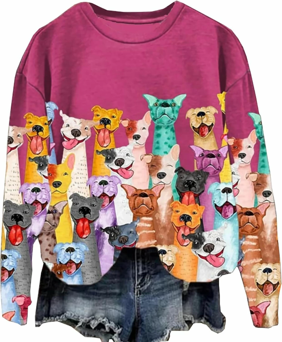 BOMYTAO Bomytao Women'S Fun Dogs Print Sweatshirt Dogs Lovers Pullover Graphic Tees Casual Long Sleeve Shirt Tops | Fashion Hoodies & Sweatshirts