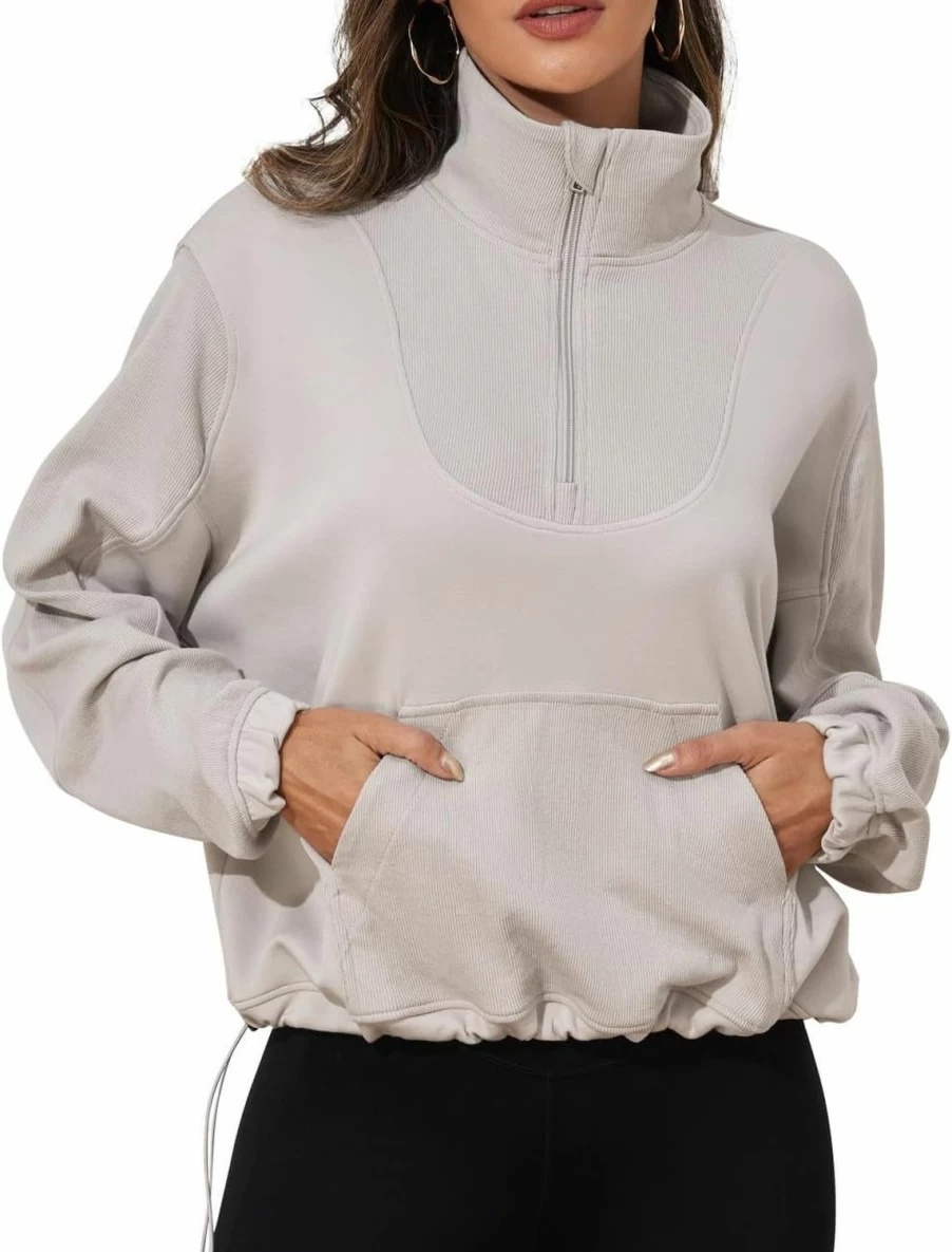 PrettyGuide Prettyguide Womens Scuba Cropped Half Zip Sweatshirt Pullover Stand Collar Ribbed Quarter Zip Hoodies With Pocket | Fashion Hoodies & Sweatshirts