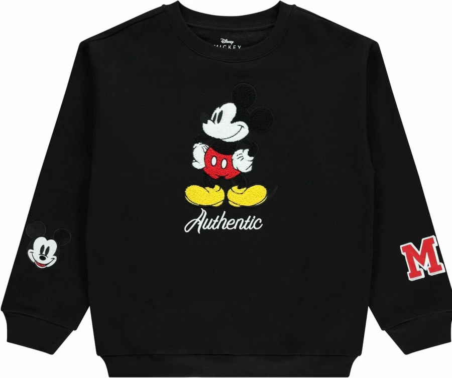 Disney Ladies Mickey Mouse Fashion Sweatshirt Crewneck - Chenille Patch & Embroidery Sleeve - Mickey & Minnie Sweatshirt | Fashion Hoodies & Sweatshirts