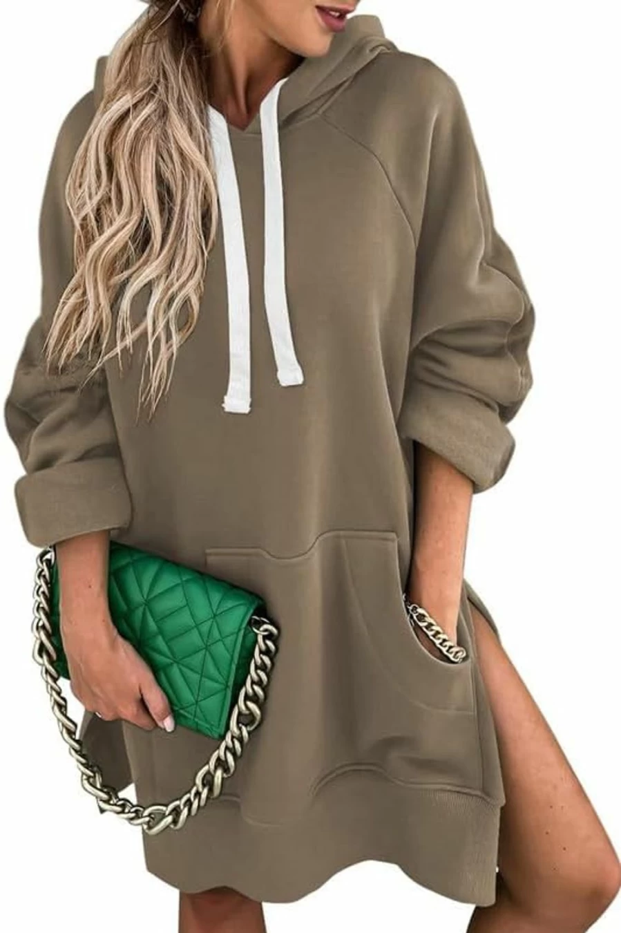 SHEWIN Shewin Women'S Oversized Casual Pullover Long Sleeve Split Hem Drawstring Hoodies Dress With Kangaroo Pocket | Fashion Hoodies & Sweatshirts