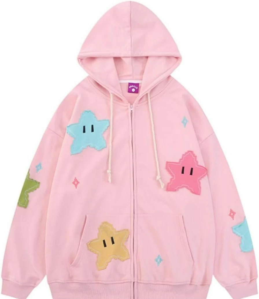 Durveency Women Teen Girls Y2K Hoodie Jacket Star Zip Up Hooded Sweatshirt Grunge Hoodies Cute Streetwear | Fashion Hoodies & Sweatshirts