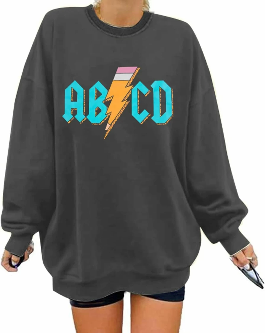 MAXIMGR Maximgr Abcd Oversized Sweatshirt Women Rock'N Roll Teacher Sweatshirt Alphabet Graphic Back To School Gift Pullover Top | Fashion Hoodies & Sweatshirts