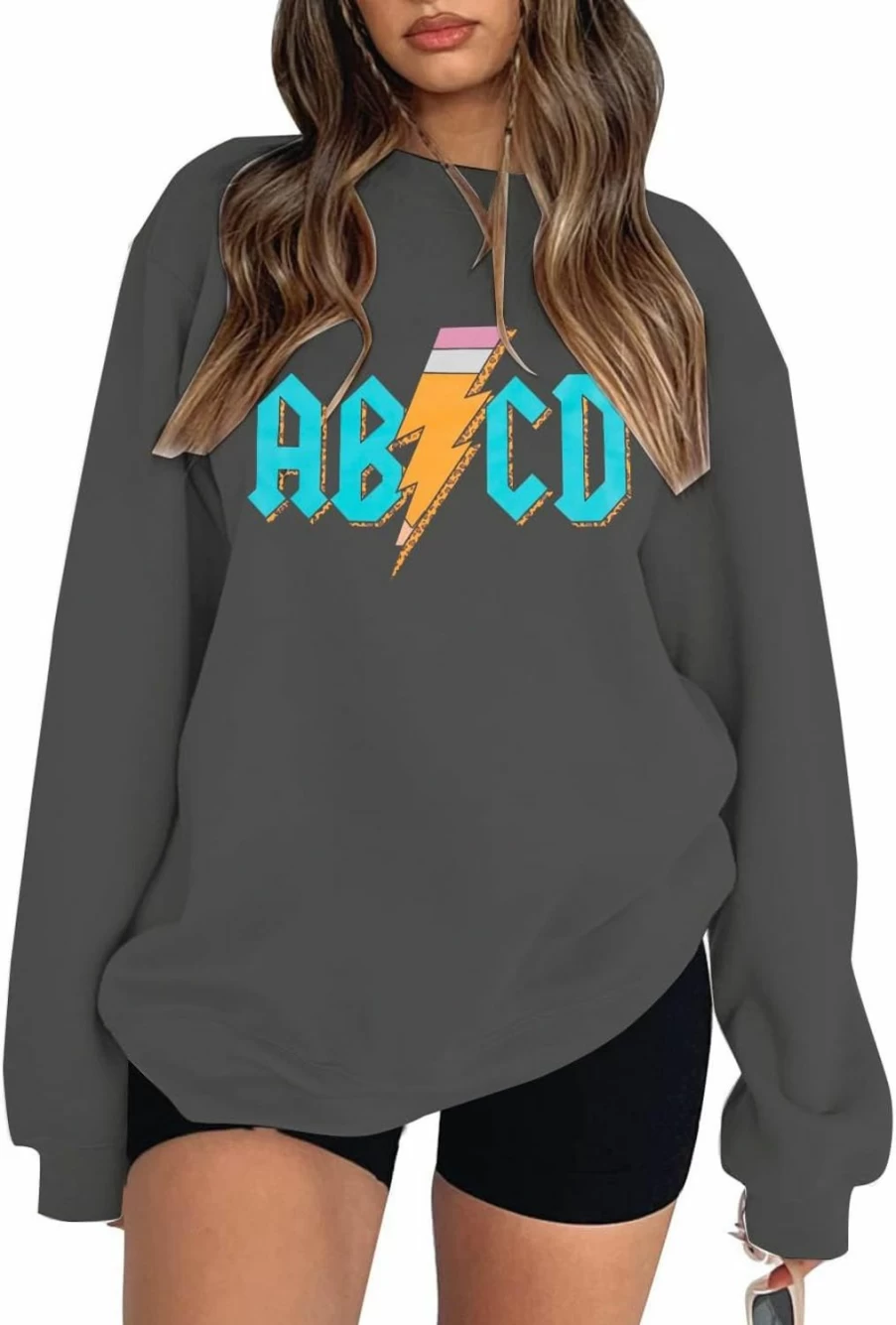 MAXIMGR Maximgr Abcd Oversized Sweatshirt Women Rock'N Roll Teacher Sweatshirt Alphabet Graphic Back To School Gift Pullover Top | Fashion Hoodies & Sweatshirts