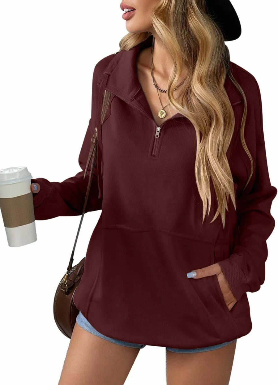 AAILEYAA Women'S Zip Up Sweatshirt Casual Long Sleeve Lapel Drawstring Oversized Quarter Zipper Pullover Fall Tops For Women | Fashion Hoodies & Sweatshirts