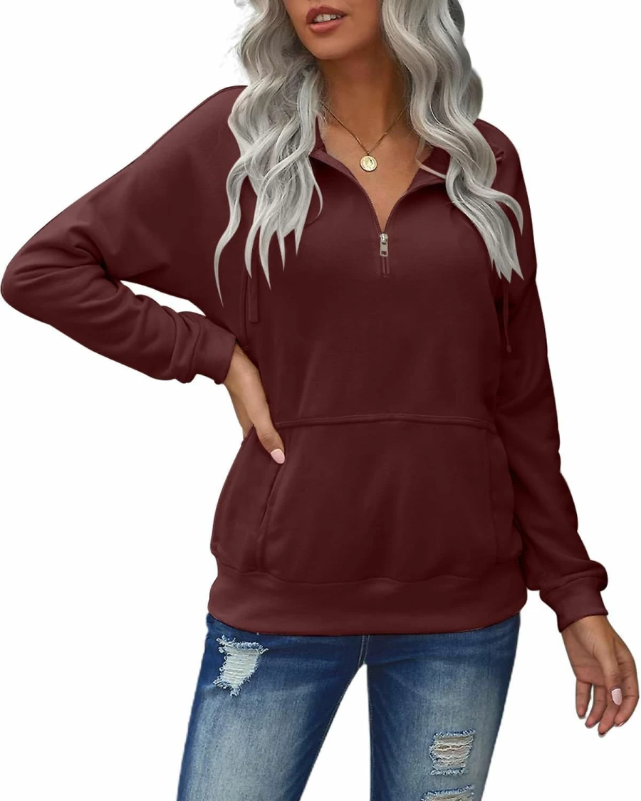 AAILEYAA Women'S Zip Up Sweatshirt Casual Long Sleeve Lapel Drawstring Oversized Quarter Zipper Pullover Fall Tops For Women | Fashion Hoodies & Sweatshirts
