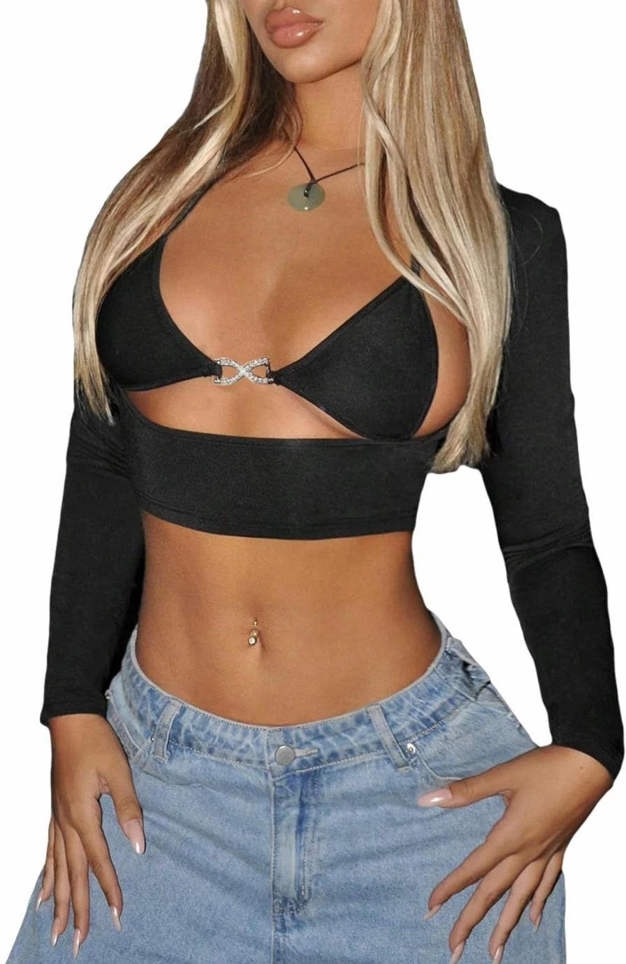 MakeMeChic Makemechic Women'S Cut Out Long Sleeve Y2K Crop Top Solid Slim Fitted Hooded Top Clubwear | Fashion Hoodies & Sweatshirts