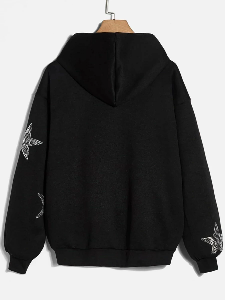 Verdusa Verdusa Women'S Rhinestone Star Pattern Drop Shoulder Zip Up Hooded Sweatshirt | Fashion Hoodies & Sweatshirts