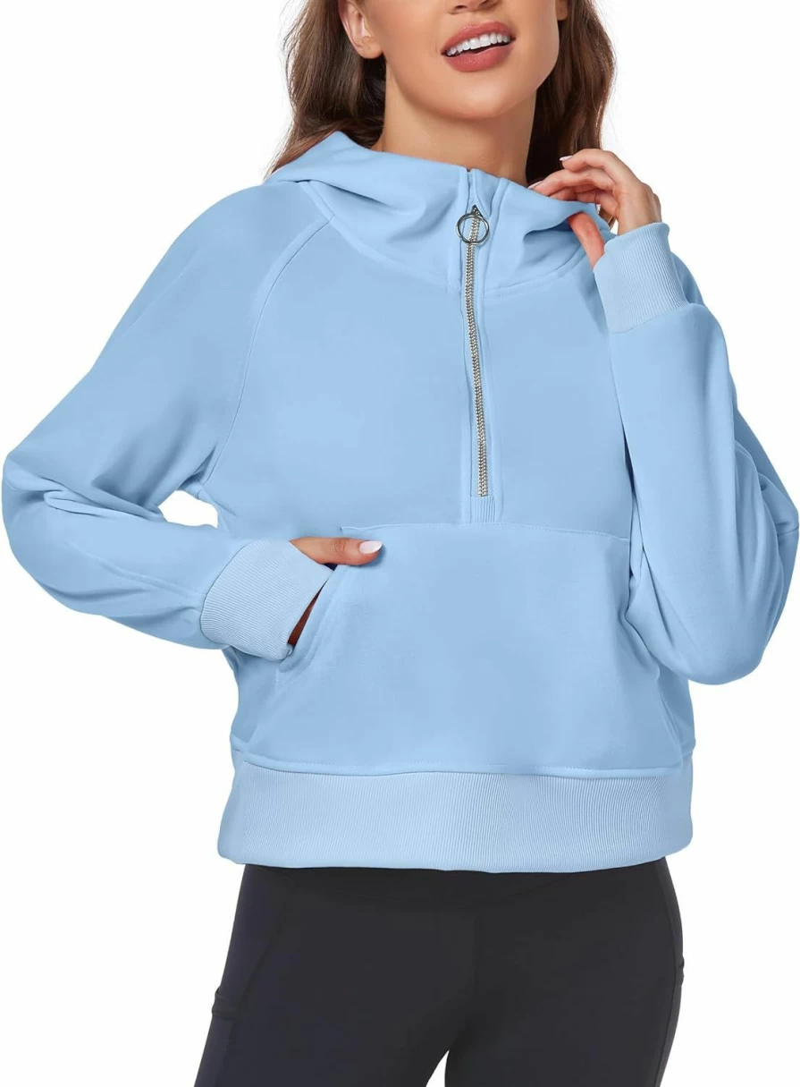 FKEEP Womens Half Zip Hoodies Quarter Zipper Up Cropped Sweatshirt Long Sleeve Athletic Pullover Tops With Thumb Hole | Fashion Hoodies & Sweatshirts