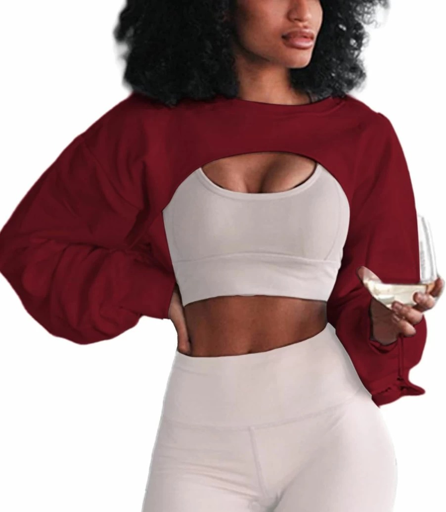 LovelyWholesale Lovelywholesale Women Crewneck Long Sleeve Crop Top Workout Gym Casual Cut Out Loose Cropped Sweatshirt | Fashion Hoodies & Sweatshirts