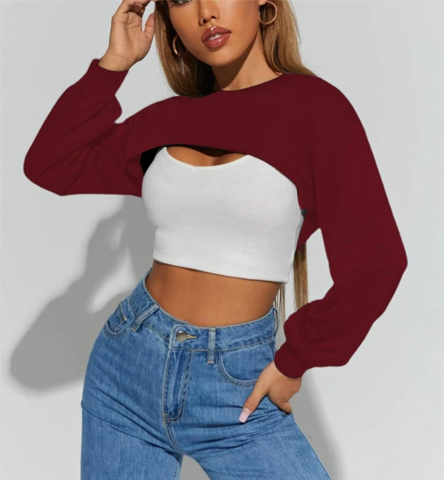 LovelyWholesale Lovelywholesale Women Crewneck Long Sleeve Crop Top Workout Gym Casual Cut Out Loose Cropped Sweatshirt | Fashion Hoodies & Sweatshirts