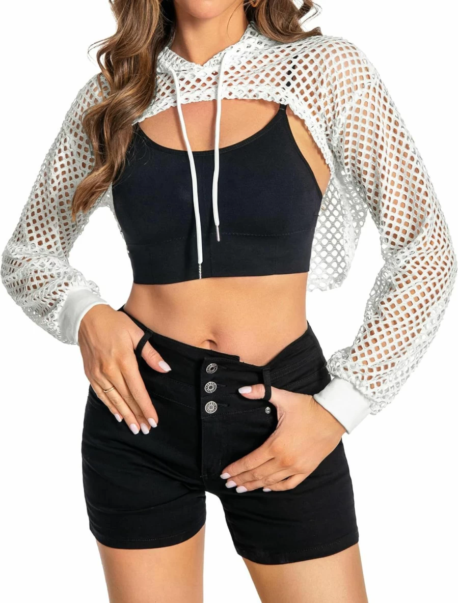 ZNVGIRL Women Mesh Crop Top Hoodie Fishnet See Through Long Sleeve Shirt Sheer Blouse For Club Party | Fashion Hoodies & Sweatshirts
