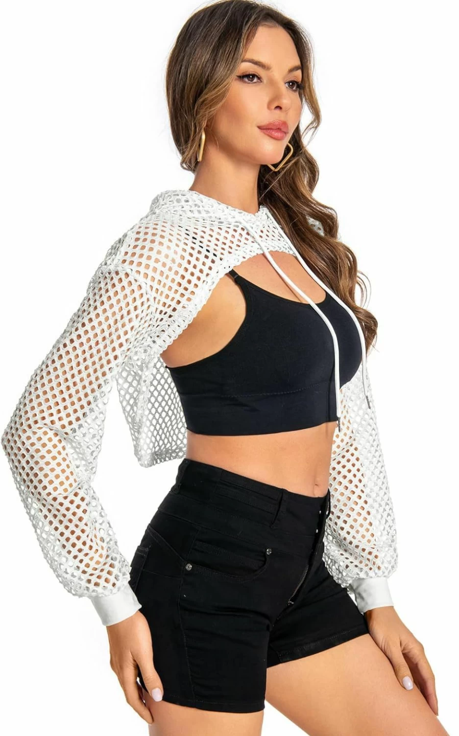 ZNVGIRL Women Mesh Crop Top Hoodie Fishnet See Through Long Sleeve Shirt Sheer Blouse For Club Party | Fashion Hoodies & Sweatshirts