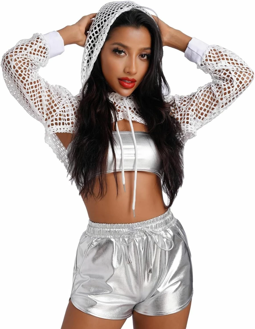 ABAFIP Abafip Women Fishnet Hoodie Crop Top Long Sleeve Mesh Sheer Rave Tops Festival Drawstring Drop Shoulder Shrugs | Fashion Hoodies & Sweatshirts