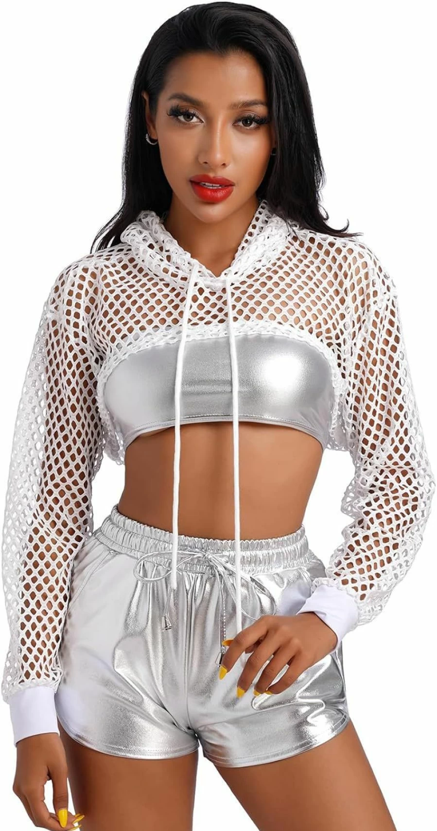 ABAFIP Abafip Women Fishnet Hoodie Crop Top Long Sleeve Mesh Sheer Rave Tops Festival Drawstring Drop Shoulder Shrugs | Fashion Hoodies & Sweatshirts