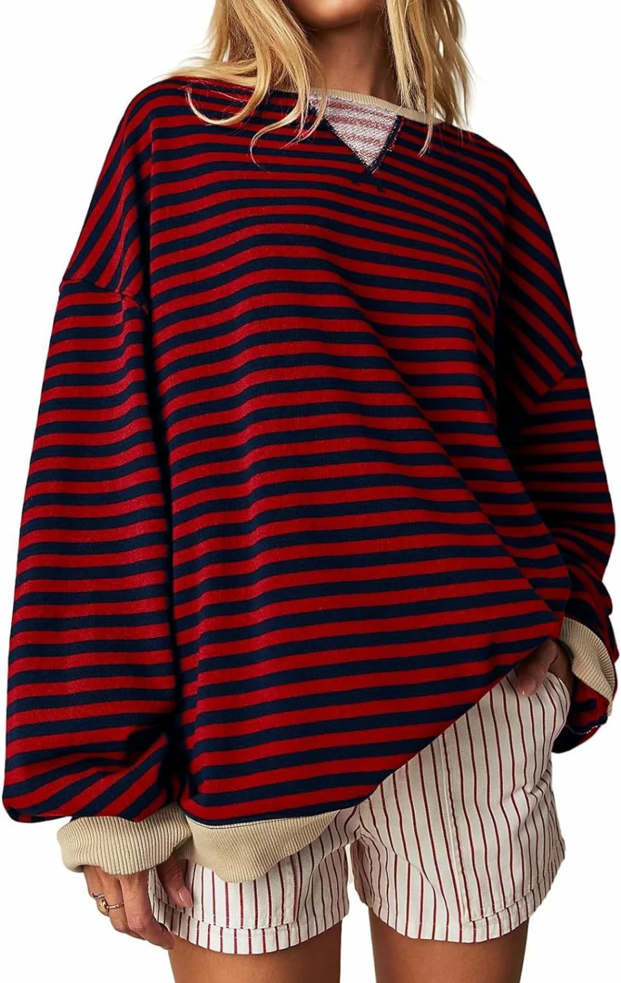 Fisoew Fisoew Womens Striped Oversized Sweatshirt Color Block Crew Neck Long Sleeve Shirt Casual Loose Pullover Top Y2K Clothes | Fashion Hoodies & Sweatshirts