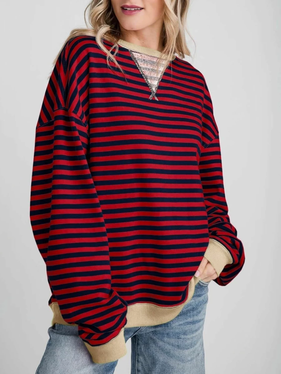 Fisoew Fisoew Womens Striped Oversized Sweatshirt Color Block Crew Neck Long Sleeve Shirt Casual Loose Pullover Top Y2K Clothes | Fashion Hoodies & Sweatshirts