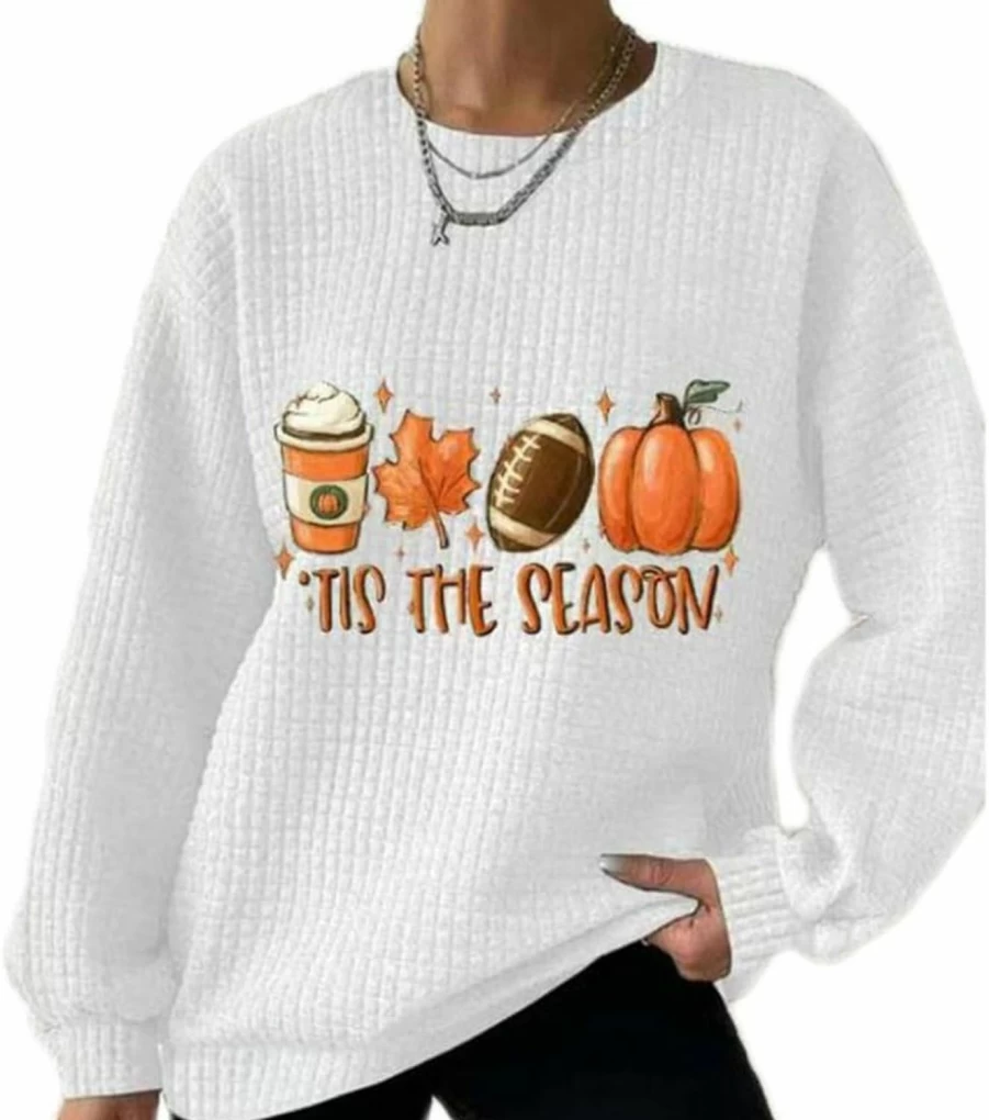 Chvity Chvity Women'S Pullover Sweatshirt Drawstring Tis The Season Pumpkin Printed Waffle Hoodie Long Sleeve Tops With Pocket | Fashion Hoodies & Sweatshirts