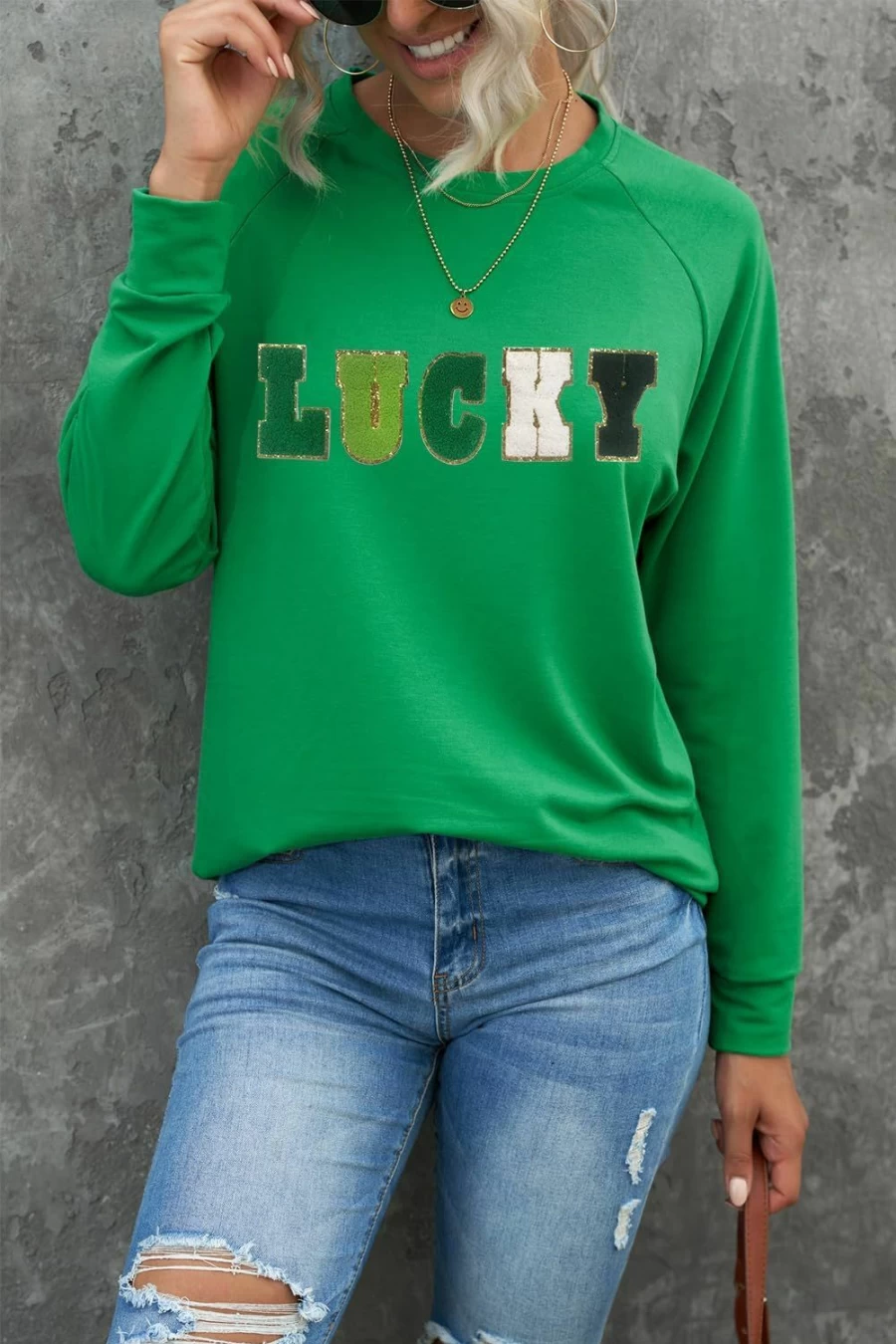 LEMAFER Women'S Green Solid St Patricks Day Raglan Sleeve Sweatshirt Casual Round Neck Long Sleeve Tees Tops | Fashion Hoodies & Sweatshirts
