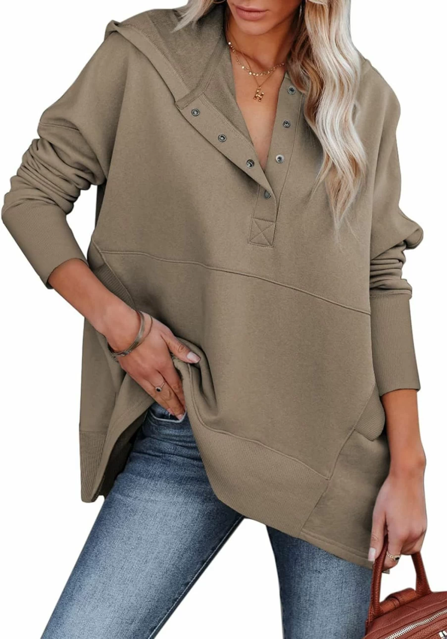 AlvaQ Alvaq Women Casual Button V Neck Hoodies Oversized Pullover Sweatshirt Hooded Tops With Pockets | Fashion Hoodies & Sweatshirts