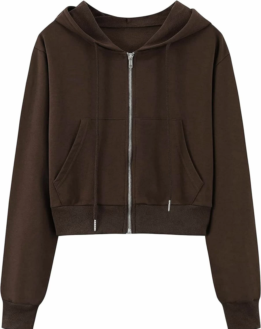 Hooever Hooever Womens Cute Workout Cropped Zip Up Drawstring Hoodie Sweatshirt Jacket | Fashion Hoodies & Sweatshirts