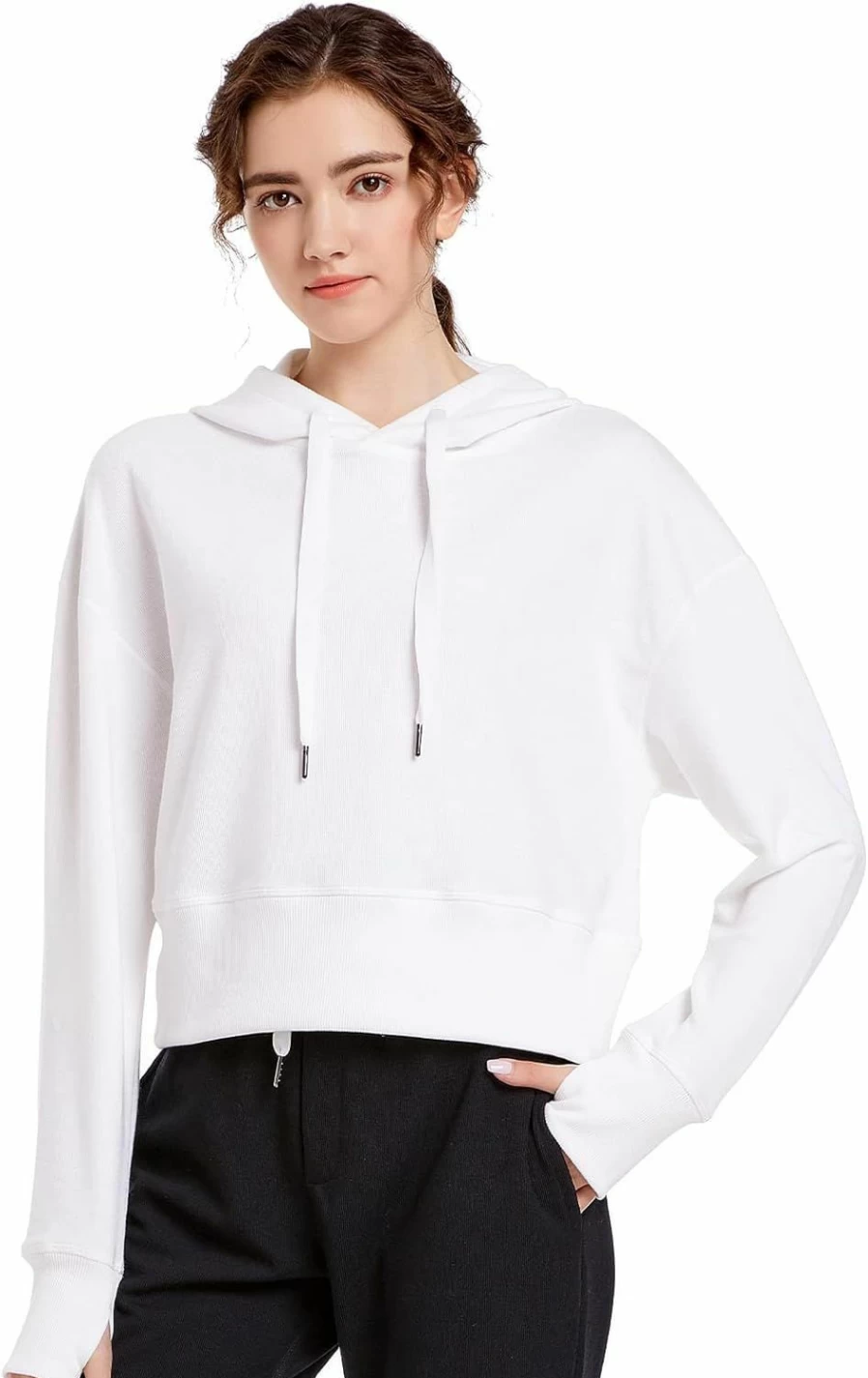 Lololeneon Women'S Ribbed Cropped Hoodie Workout Casual Pullover Drawstring Loose Hooded Long Sleeve Crop Top Sweatshirt | Fashion Hoodies & Sweatshirts