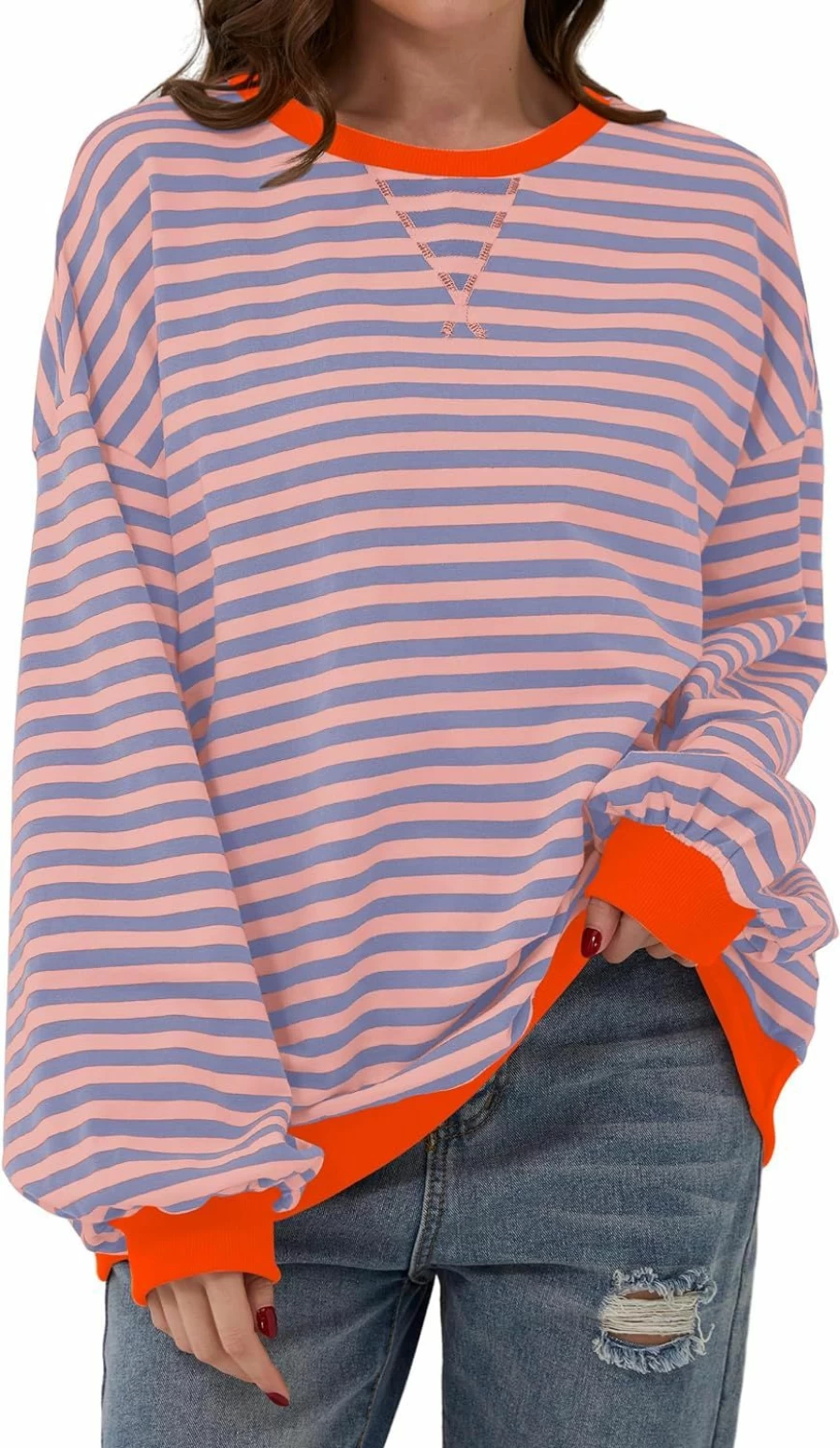 TERIVEEK Women Oversized Striped Color Block Long Sleeve Crew Neck Sweatshirt Casual Loose Pullover Y2K Shirt Top | Fashion Hoodies & Sweatshirts