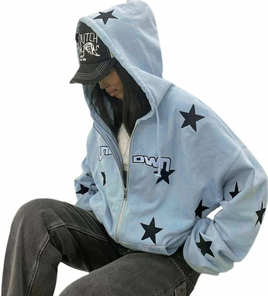 NaranjaBurbuja Naranjaburbuja Y2K Zip Up Hoodies For Teen Girls Aesthetic Trendy Oversized Sweatshirt Womens 2022 Star Graphic Print Jackets | Fashion Hoodies & Sweatshirts