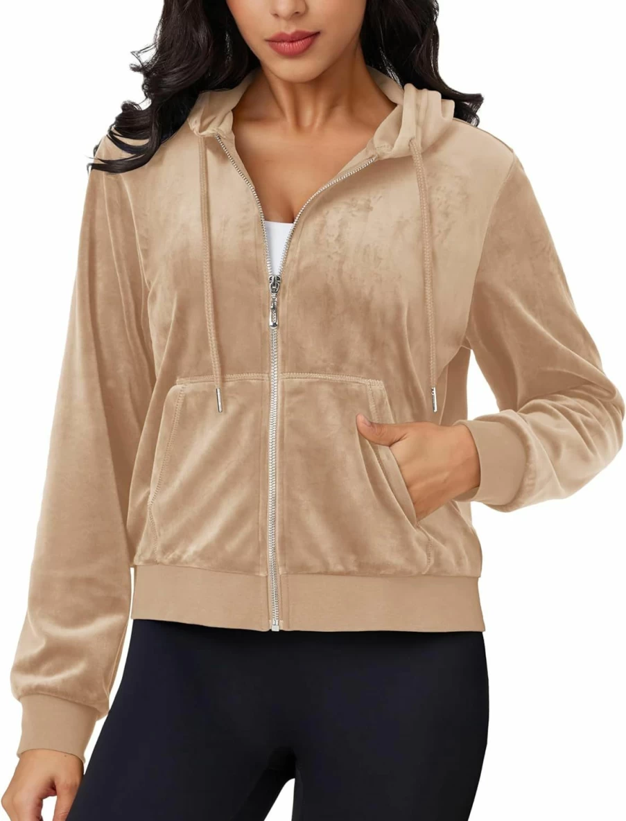 MAGCOMSEN Magcomsen Women'S Velour Crop Hoodie Jacket Long Sleeve Zip Up Tops Soft Casual Velvet Jacket With Pockets | Fashion Hoodies & Sweatshirts