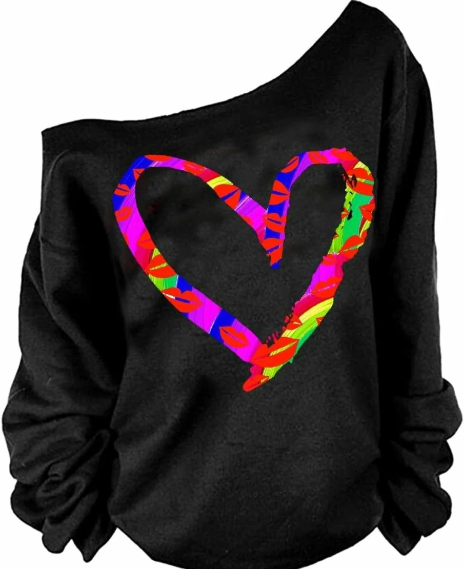 MAGICMK Magicmk Woman'S Sweatershirt Lips Print Causal Blouse Off The Shoulder Long Sleeve Loose Slouchy Pullover Plus Size Tops | Fashion Hoodies & Sweatshirts