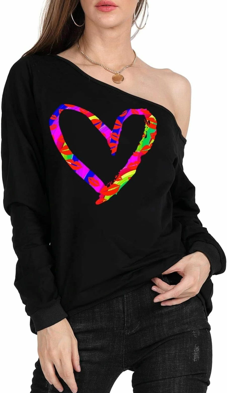 MAGICMK Magicmk Woman'S Sweatershirt Lips Print Causal Blouse Off The Shoulder Long Sleeve Loose Slouchy Pullover Plus Size Tops | Fashion Hoodies & Sweatshirts