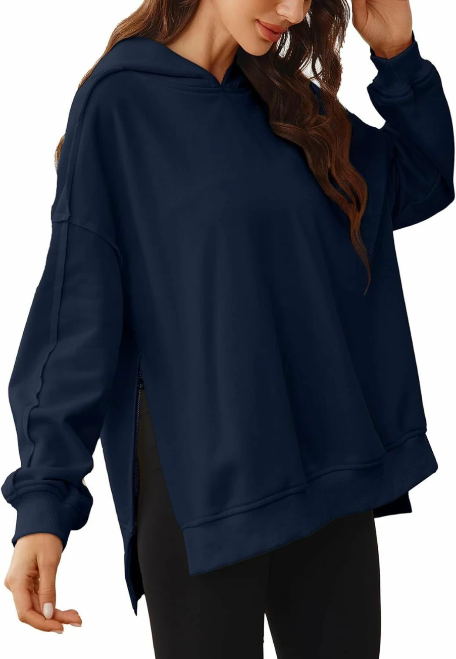 Glamaker Glamaker Women'S Oversized Hoodies Side Slit Zip Up Pullover Sweatshirt Casual Long Sleeve High Low Fall Clothes Top Shirts | Fashion Hoodies & Sweatshirts