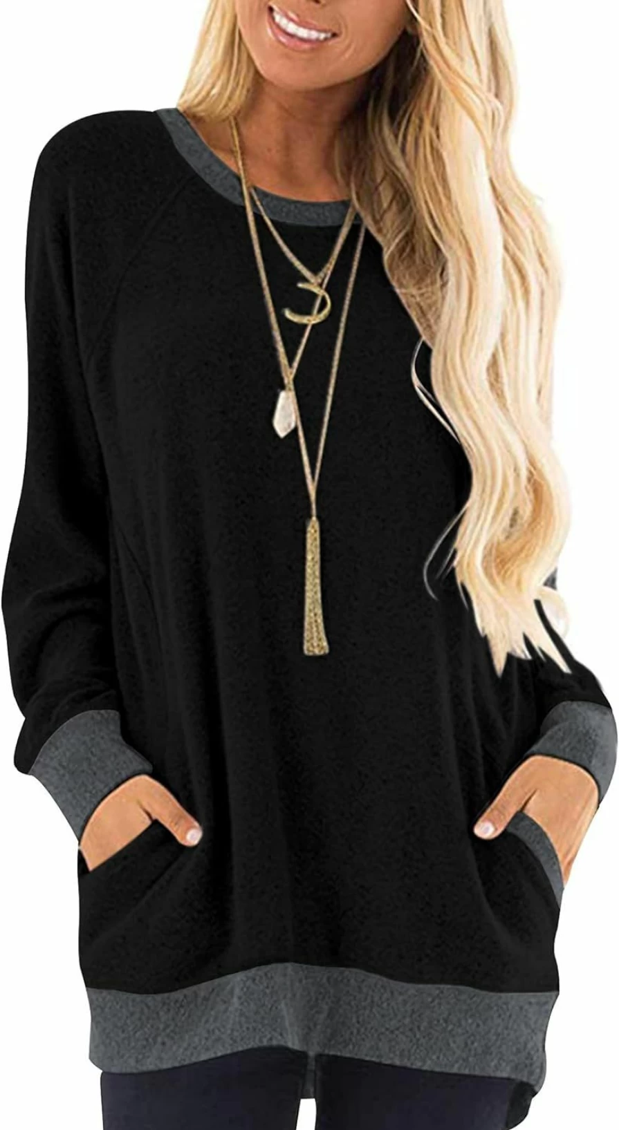 MISFAY Misfay Womens Casual Long Sleeve Round Neck Pocket T Shirts Blouses Tunic Sweatshirt Tops With Pocket | Fashion Hoodies & Sweatshirts