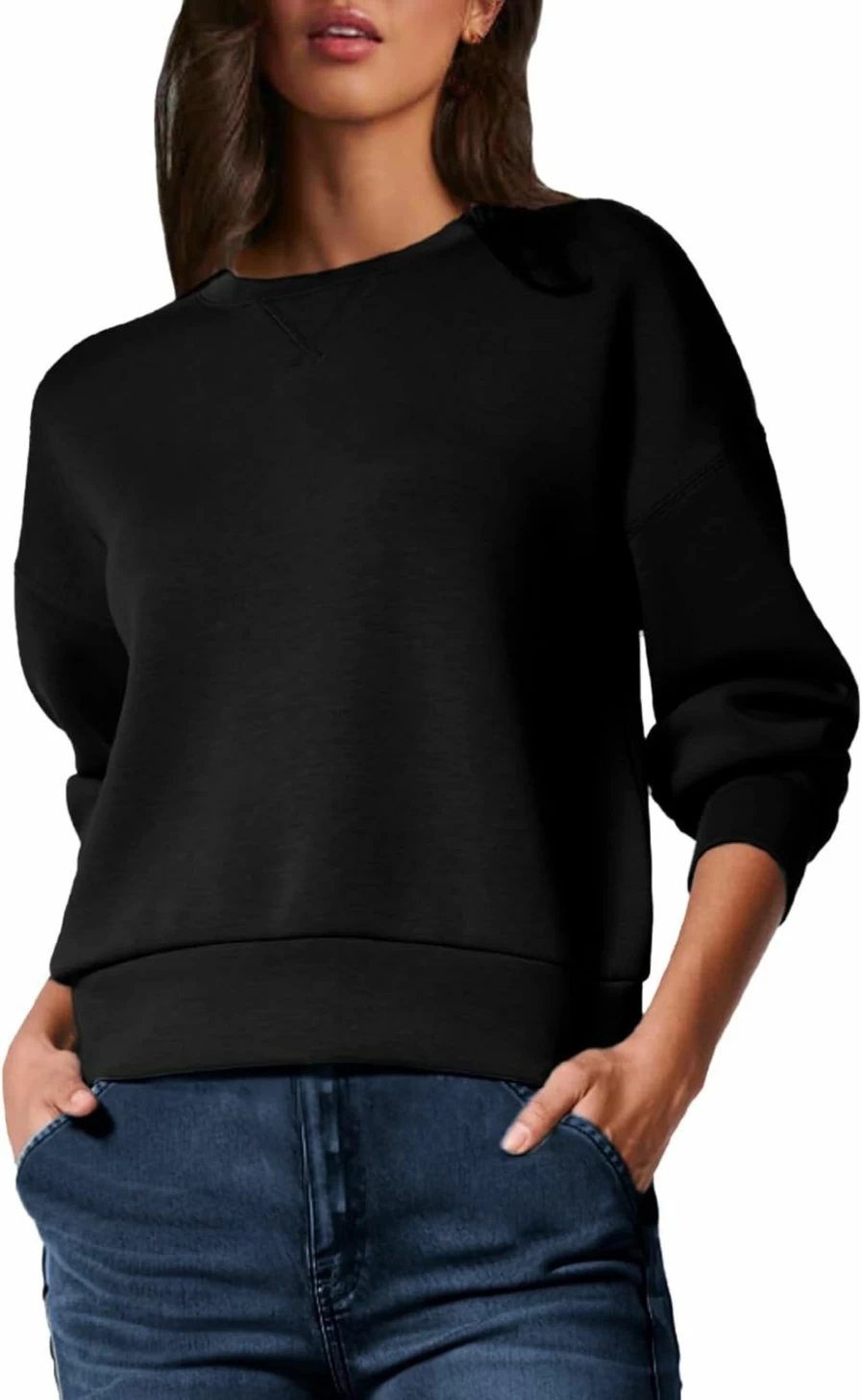 Glamaker Glamaker Women'S Basic Cropped Pullover Sweatshirt Solid Air Essentials Crewneck Long Sleeve Shirts Casual Loose Fit Outfits | Fashion Hoodies & Sweatshirts