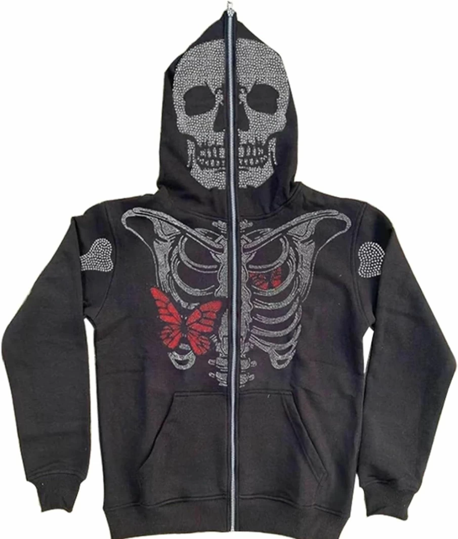 NaranjaBurbuja Naranjaburbuja Y2K Skeleton Oversized Full Zip Up Hoodie Women Rhinestone Skull Graphic Sweatshirt E-Girl Streetwear | Fashion Hoodies & Sweatshirts