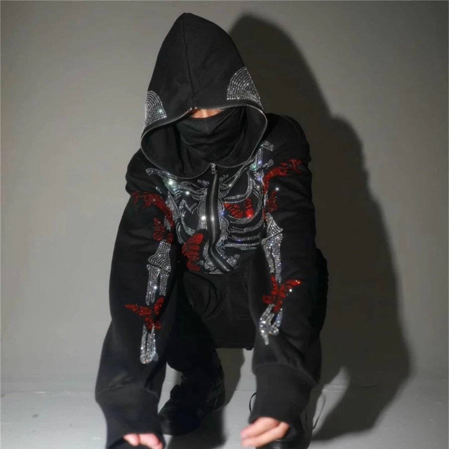 NaranjaBurbuja Naranjaburbuja Y2K Skeleton Oversized Full Zip Up Hoodie Women Rhinestone Skull Graphic Sweatshirt E-Girl Streetwear | Fashion Hoodies & Sweatshirts