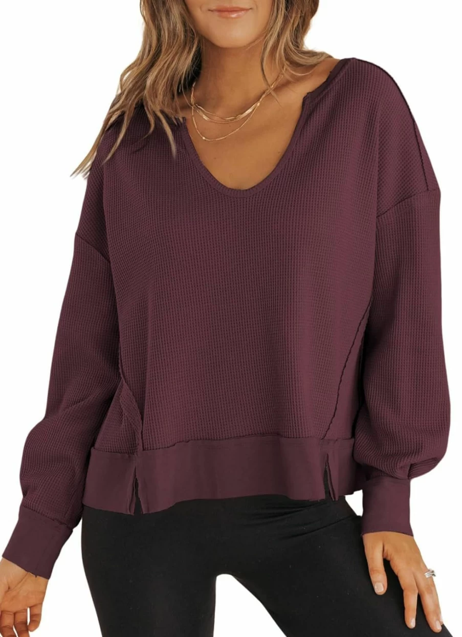 Dokotoo Dokotoo Womens Crop Tops Casual Long Sleeve Shirts Waffle Knit Cropped Sweatshirts Pullover Sweater | Fashion Hoodies & Sweatshirts
