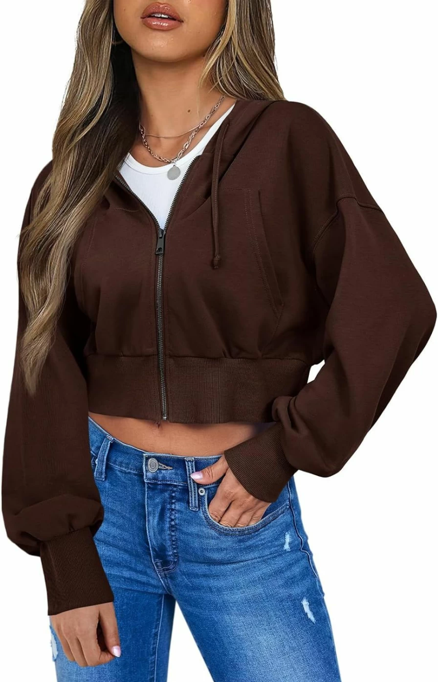 Fisoew Fisoew Women'S Zip Up Cropped Hoodies Long Sleeve Sweatshirts Drawstring Casual Loose Hooded Hoodie Jackets | Fashion Hoodies & Sweatshirts