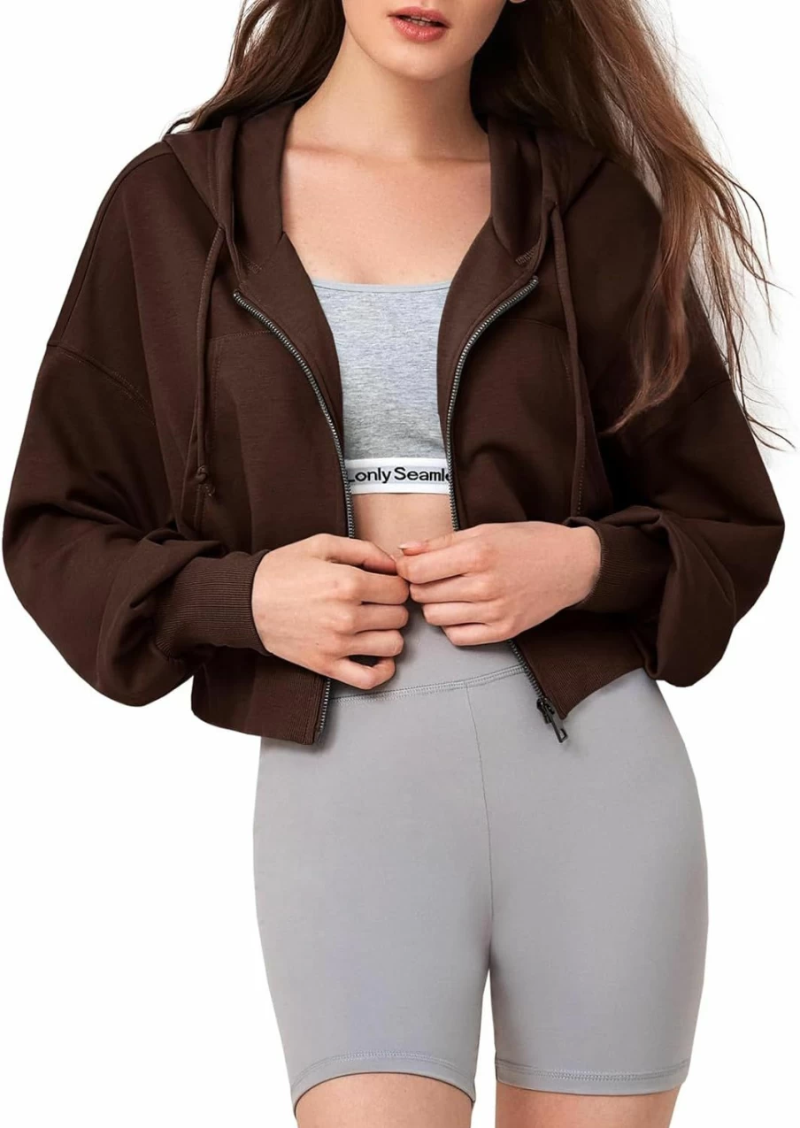 Fisoew Fisoew Women'S Zip Up Cropped Hoodies Long Sleeve Sweatshirts Drawstring Casual Loose Hooded Hoodie Jackets | Fashion Hoodies & Sweatshirts