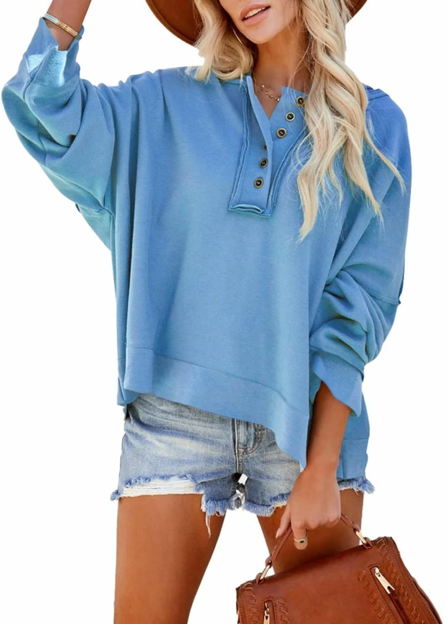Dokotoo Dokotoo Women'S V Neck Button Down Long Sleeve Crop Hoodies Loose Pullover Hooded Sweatshirts Tops | Fashion Hoodies & Sweatshirts