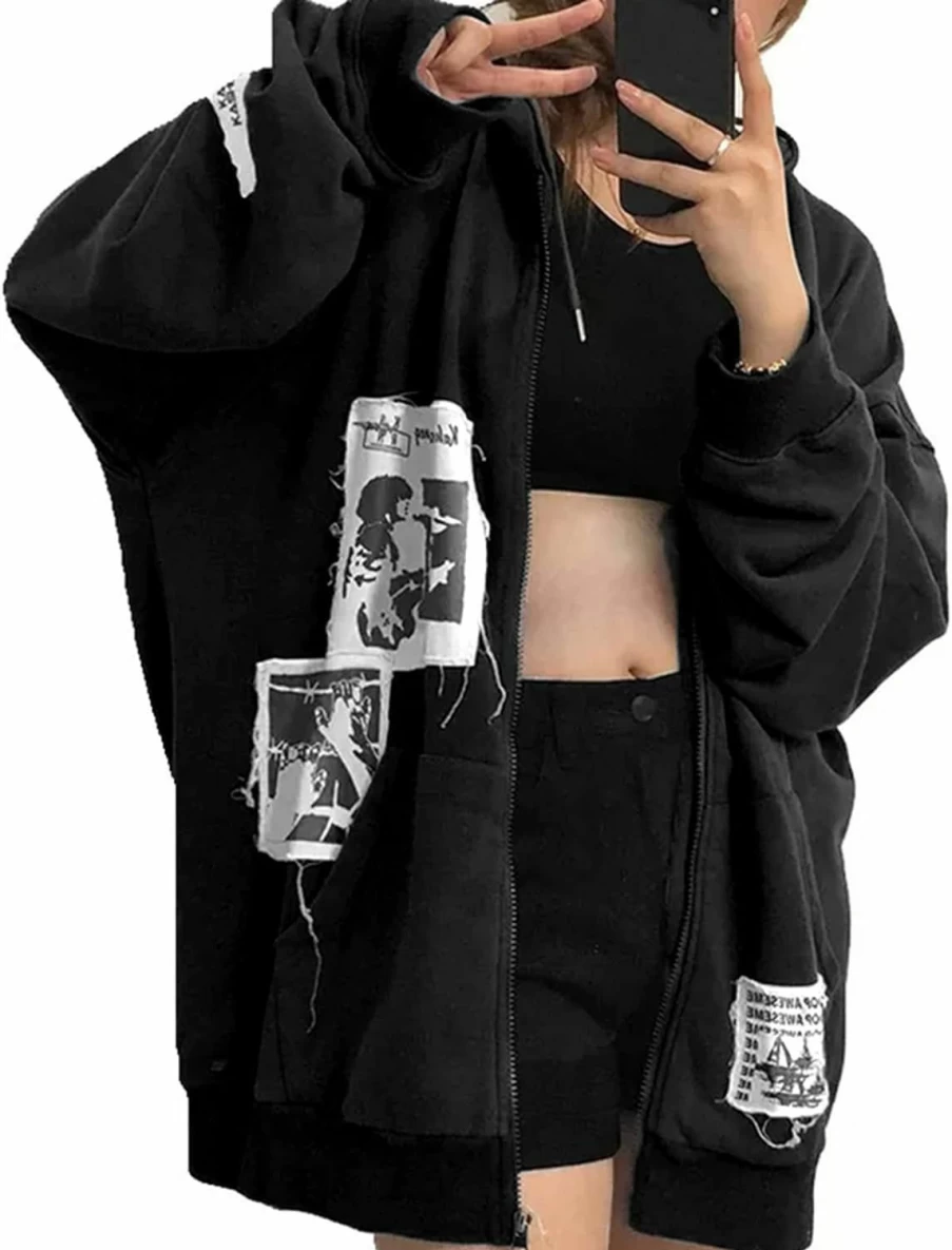 Sumleno Alt Emo Clothes Women Oversized Zip Up Hoodies Rhinestone Y2K Aesthetic Skeleton Sweatshirts Grunge Gothic Jacket Streetwear | Fashion Hoodies & Sweatshirts