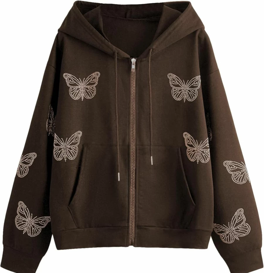 SweatyRocks Sweatyrocks Women'S Casual Zip Up Hoodie Solid Long Sleeve Front Drawstring Hoodie With Butterfly Rhinestone | Fashion Hoodies & Sweatshirts