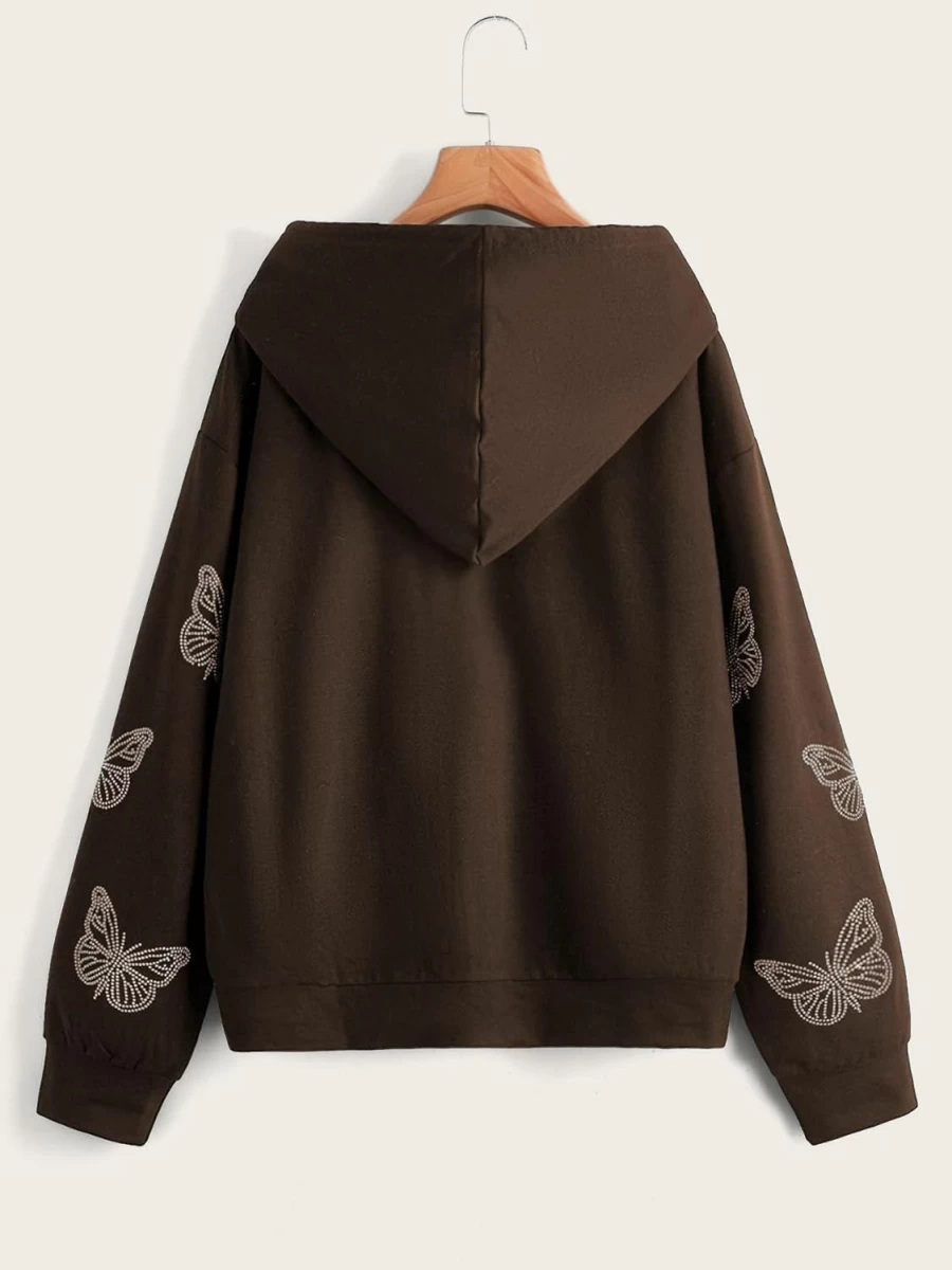 SweatyRocks Sweatyrocks Women'S Casual Zip Up Hoodie Solid Long Sleeve Front Drawstring Hoodie With Butterfly Rhinestone | Fashion Hoodies & Sweatshirts