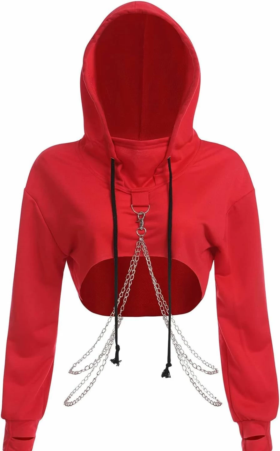 ABAFIP Abafip Women Rave Gothic Long Sleeve Crop Top Hoodie Casual Workout Music Festival Outfits Cropped Hoodies | Fashion Hoodies & Sweatshirts