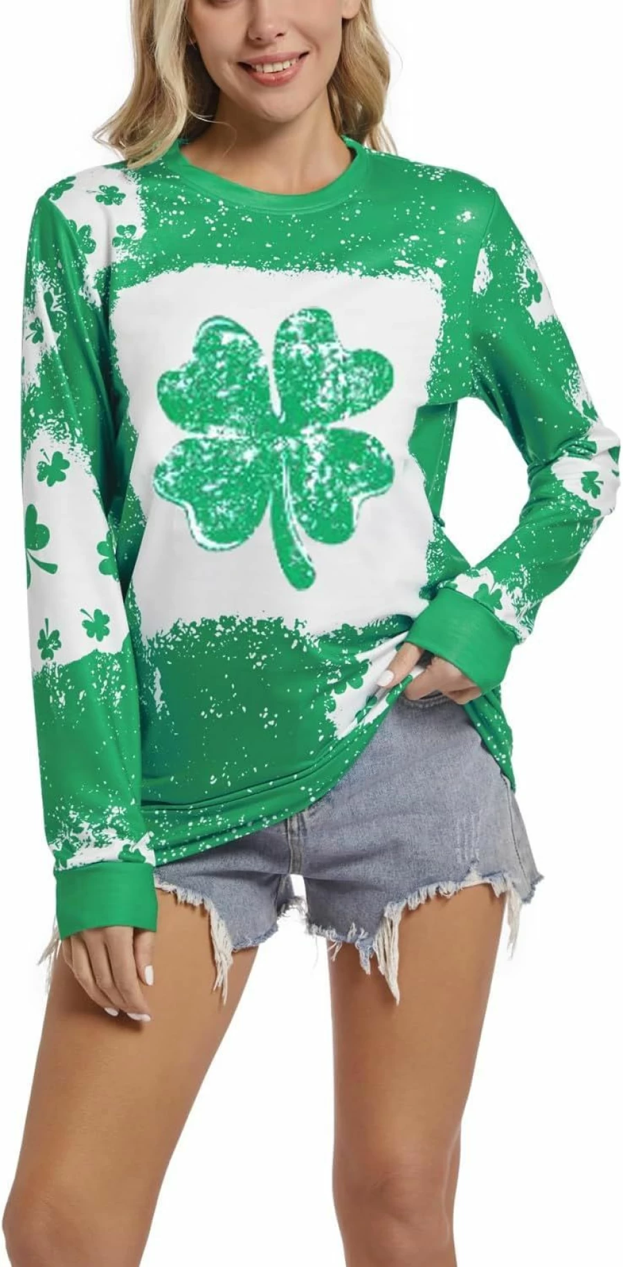 Humjafry St. Patrick'S Day Sweatshirt For Women Bleached Long Sleeve Shirt Ireland Clover Print Pullover Tops | Fashion Hoodies & Sweatshirts
